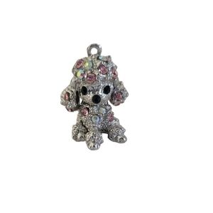 Poodle Silver Tone Pink Rhinestone Charm with Movable Ears